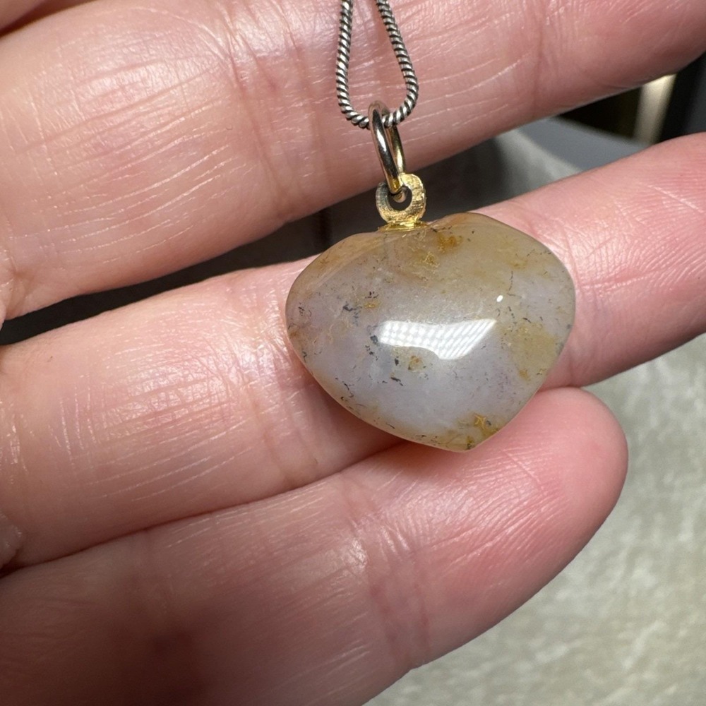 VTG Natural Brown Moss Agate Heart Pendant On Sterling Snake Chain 925 Italy 19"
